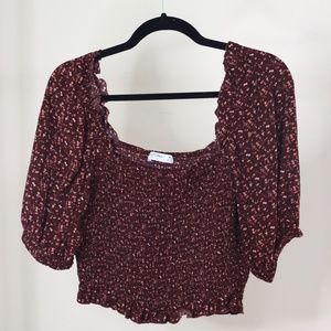 Arizona Floral Ruffle Hem Ruched Crop Top, Size M Burgundy Puff Sleeve